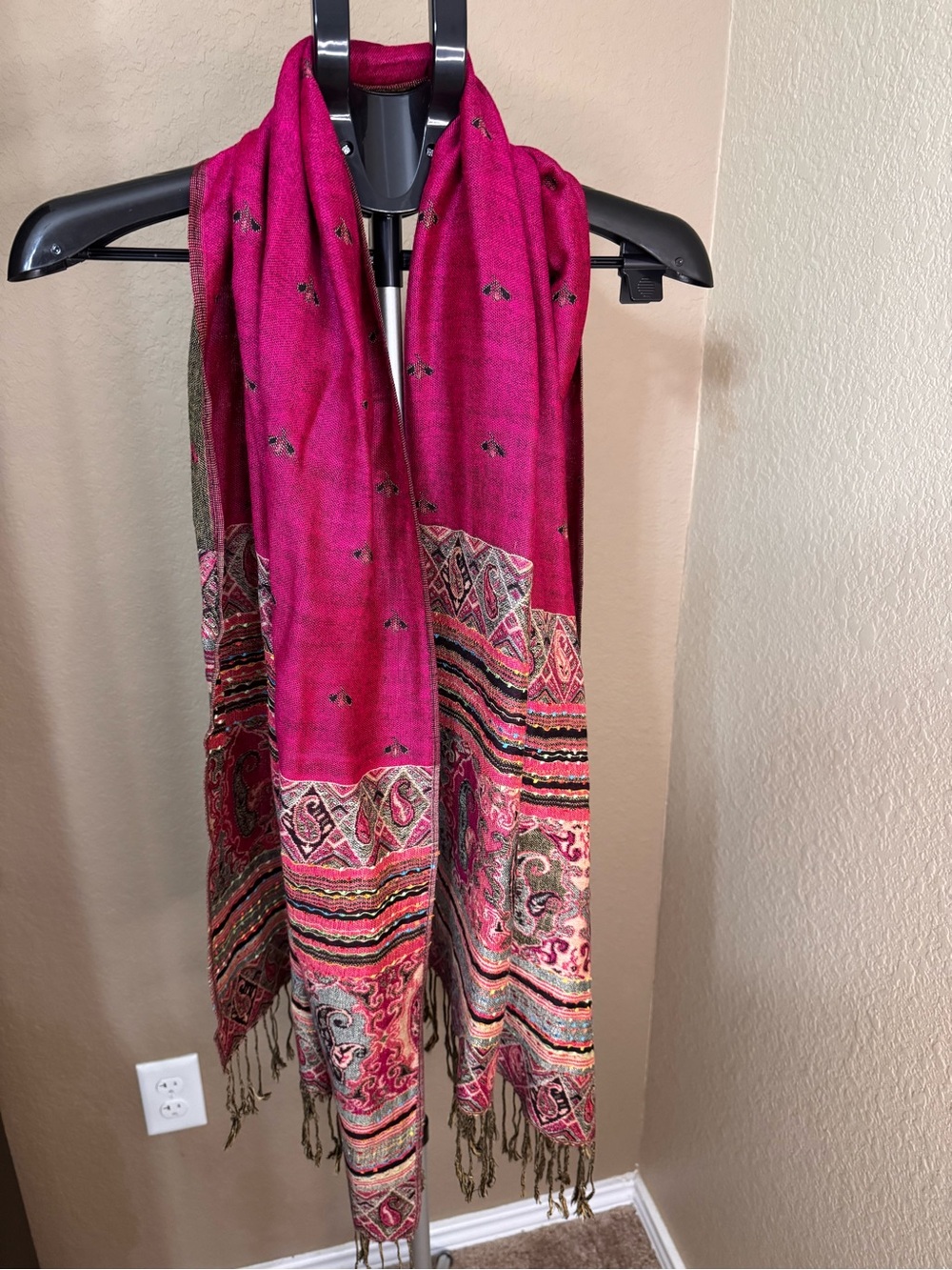 pashmina Vibrant Pink Embroidered Shawl with Paisley Trim